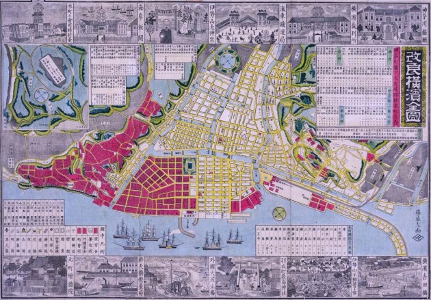 En rojo los asentamiento comerciales y residencial de extranjeros en Yamashita y Yamate en Yokohama
